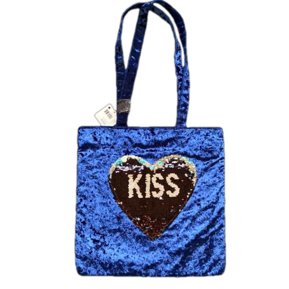 Faux Velvet Blue Glitter Heart Tote Bag - Brand New